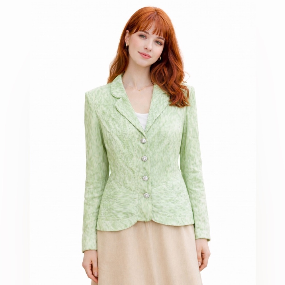 Vintage Victor Costa Mint Green Textured Satin‎ Blazer Rhinestone Buttons 10